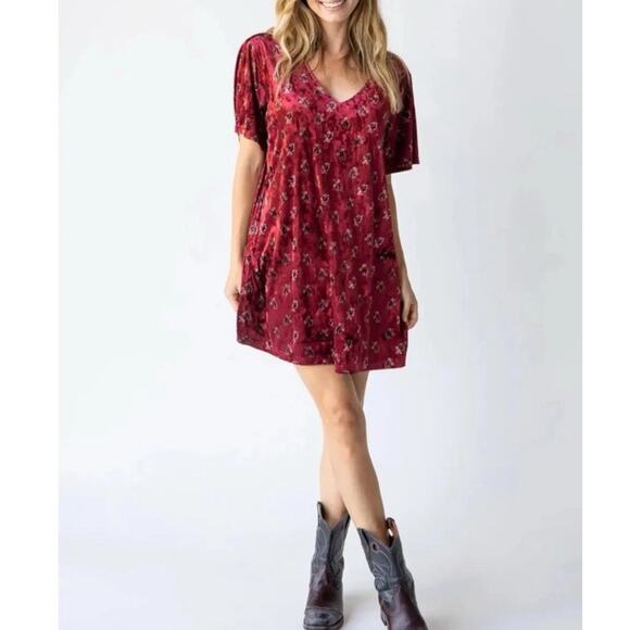 Natural Life Crushed Velvet Floral Mini Dress Pockets Women’s Medium Oversized - Picture 1 of 11